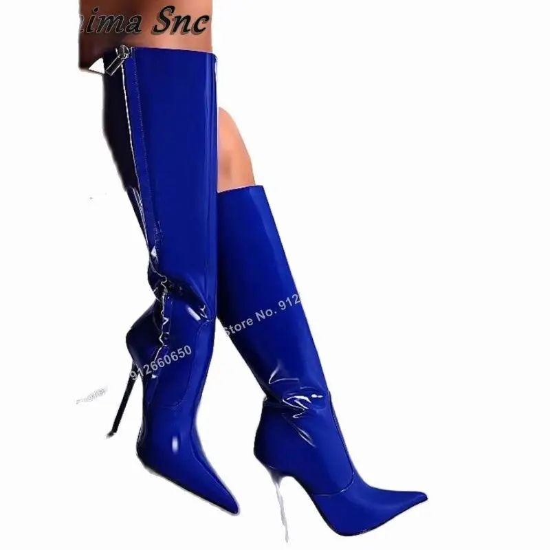 Moraima Snc Solid Blue Patent Leather Boots for Women Zipper Pointed Toe Knee High Boots Thin High Heels Runway Zapatillas Mujer