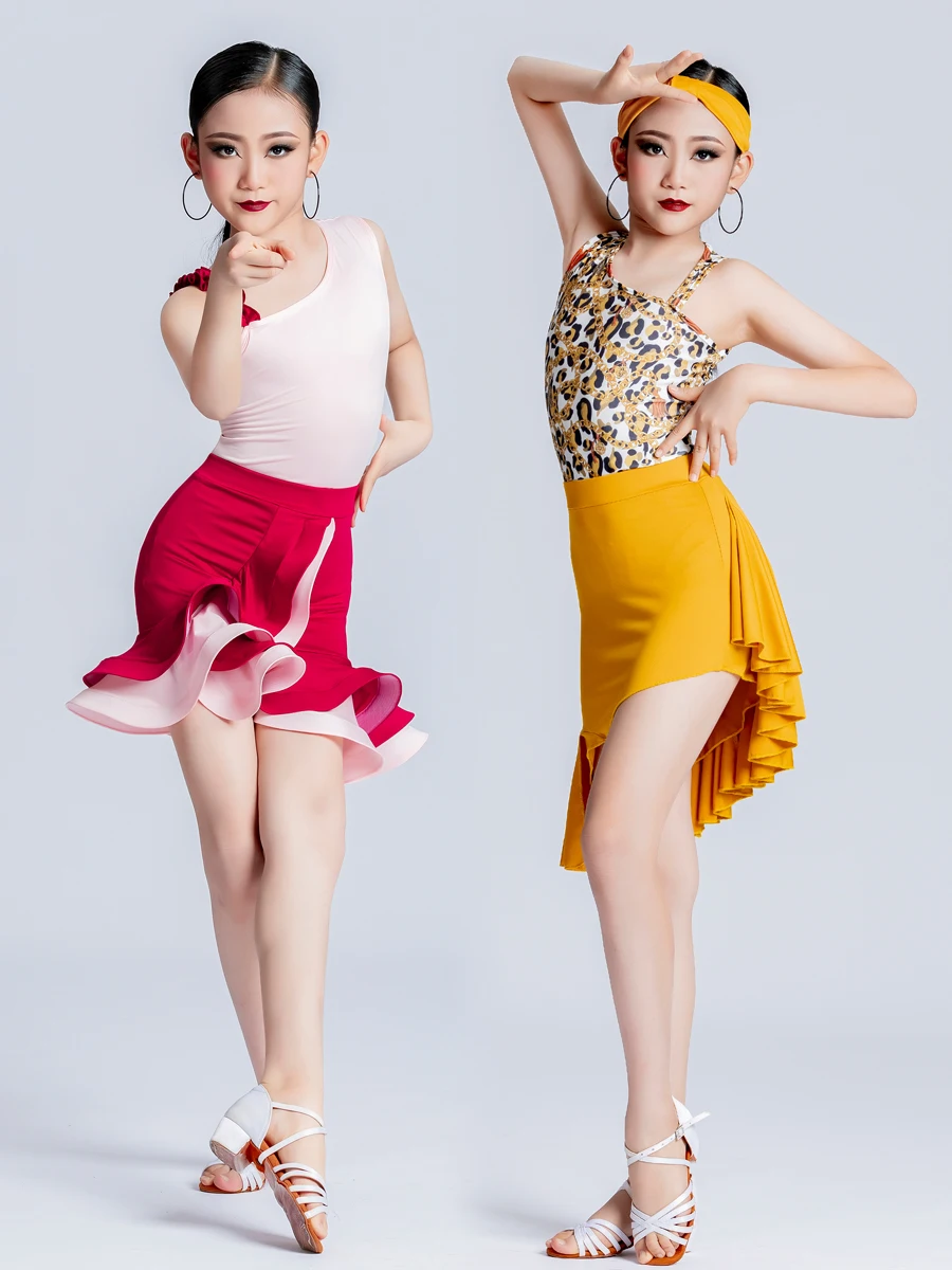 

Платье для латиноамериканских танцев для девочек, тренировочная одежда, костюм с юбкой с разрезом для художественных испытаний, одежда для выступлений и соревнований