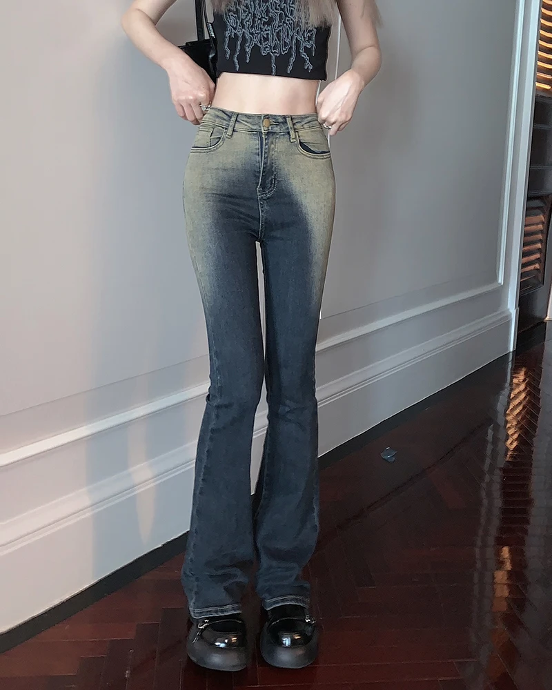 Vintage Gradient Color Flare Jeans For Women Spring Summer Streetwear Slim Long Flare Denim Pants Lady Skinny Boot Cut Jeans
