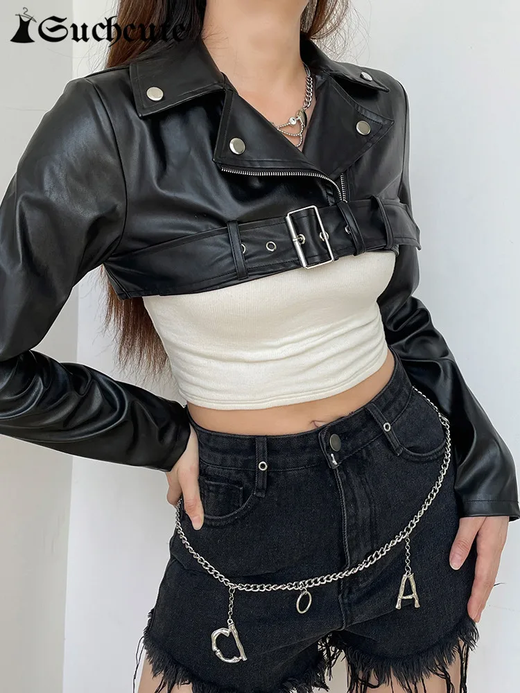 SUCHCUTE Punk Style Black Faux Leather Jackets Women Moto Biker Zip Up Slim PU Cropped Jacket Motorcycle Racing Lapel Outwears