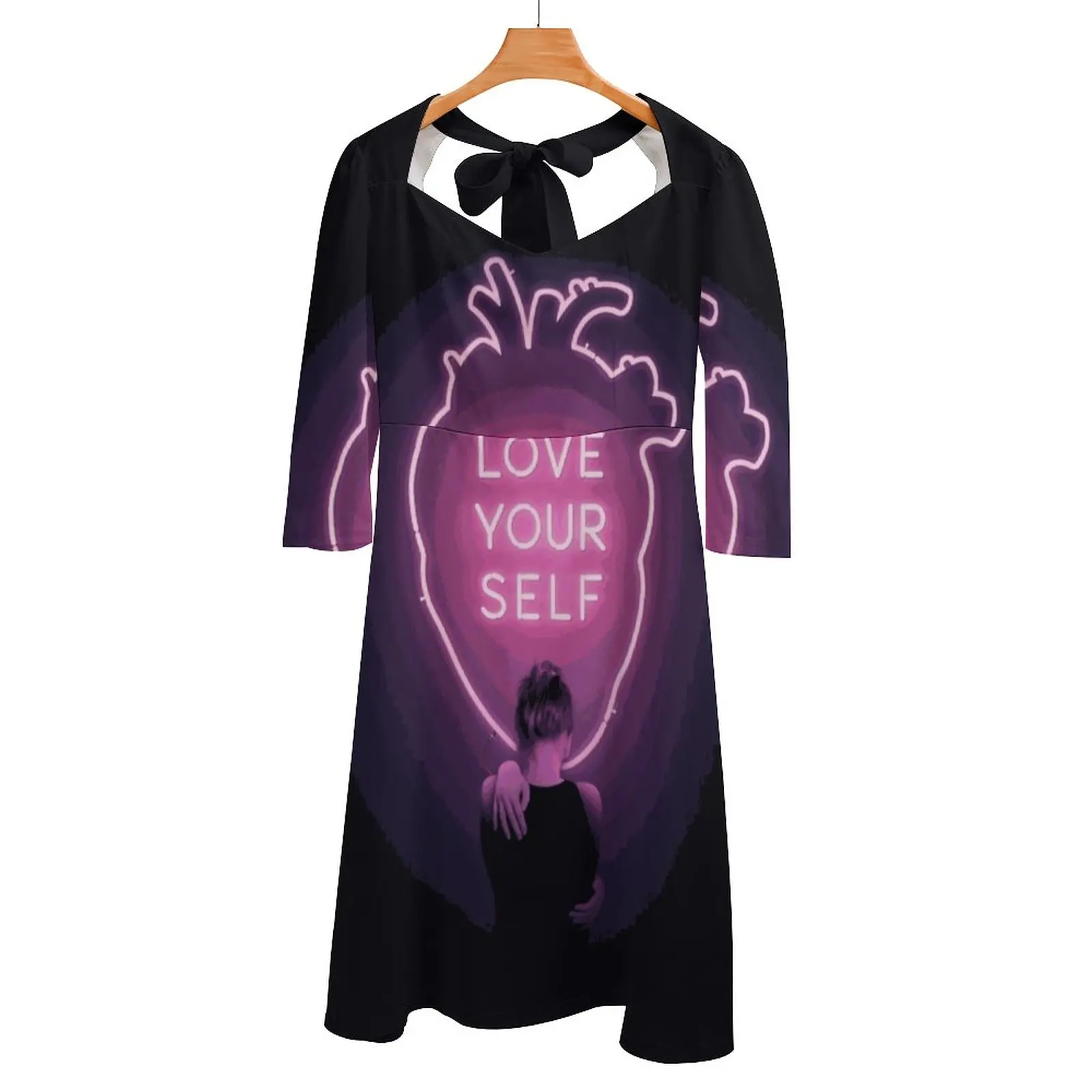 

Love Yourself Back Lacing Backless Dress Square Neck Dress Evening Party Dresses Midi Sexy Dress Girl Heart Neon Love