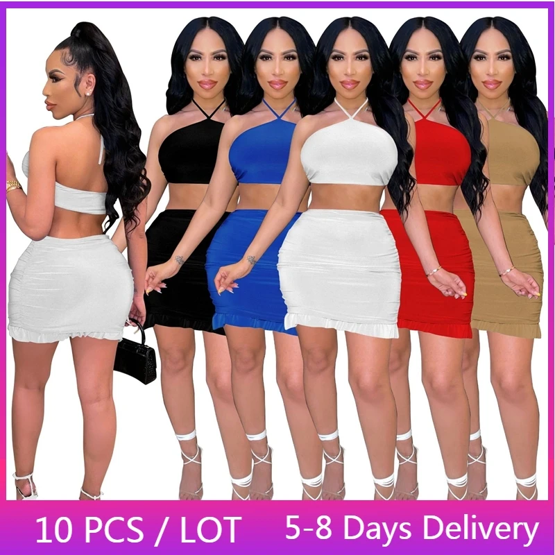 

Оптовая продажа летних сексуальных женских комплектов из 2 предметов, женский летний клубный комплект из двух предметов, женский короткий топ с лямкой на шее и мини-юбка с оборками