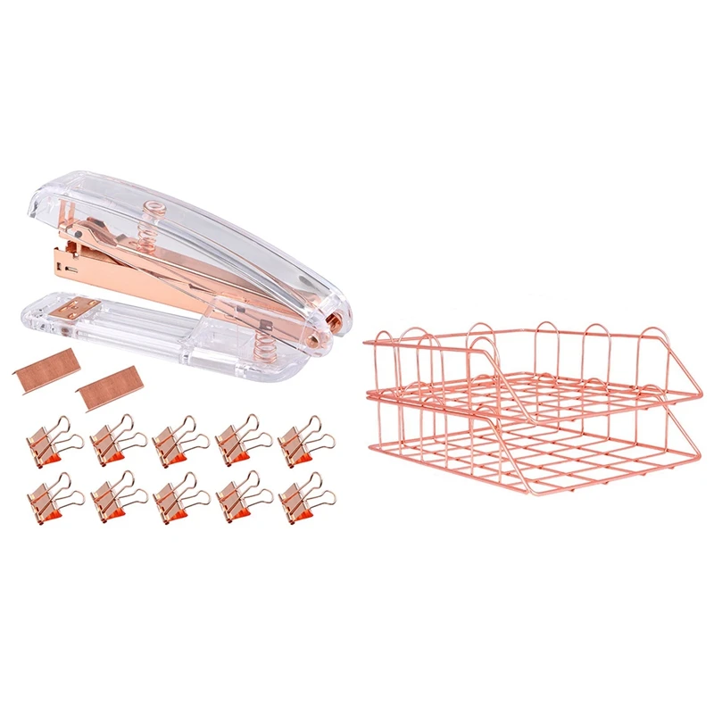 1 Set Metal Stackable File Document Letter Tray Organizer, Rose Gold & 1Set Rose Gold Stapler Acrylic Desktop Stapler