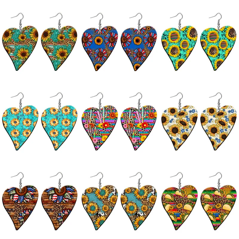 

Sunflowers Pattern Acrylic Heart Drop Earrings For Women Stainless Steel Piercing Ear Hooks Jewelry Girls' Gift Z2000