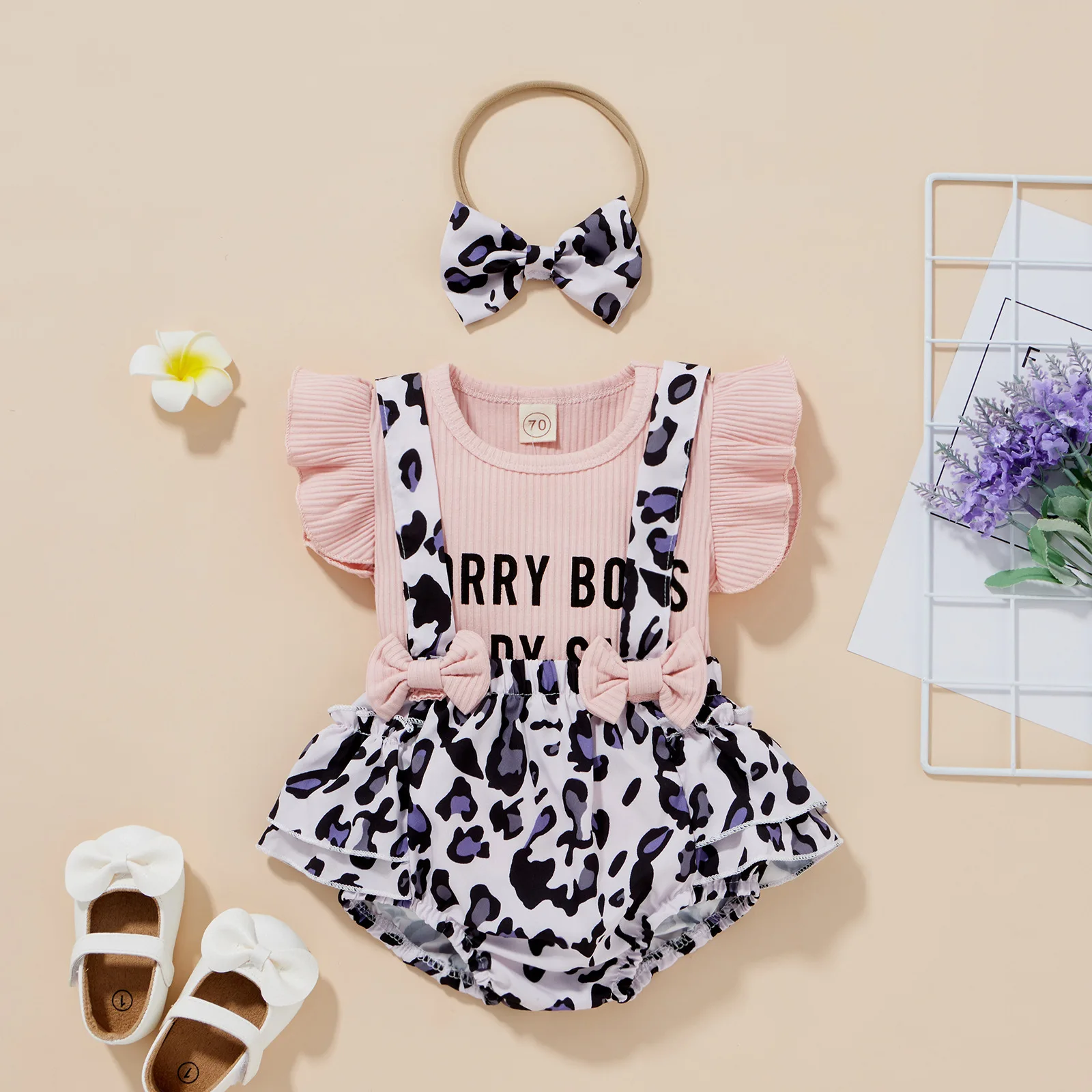 

Newborn Outfits Baby Girl Clothes Toddler Infant Headdress + Letter Flying Sleeve Top + Leopard Suspender Skirt Pants 3pcs Set