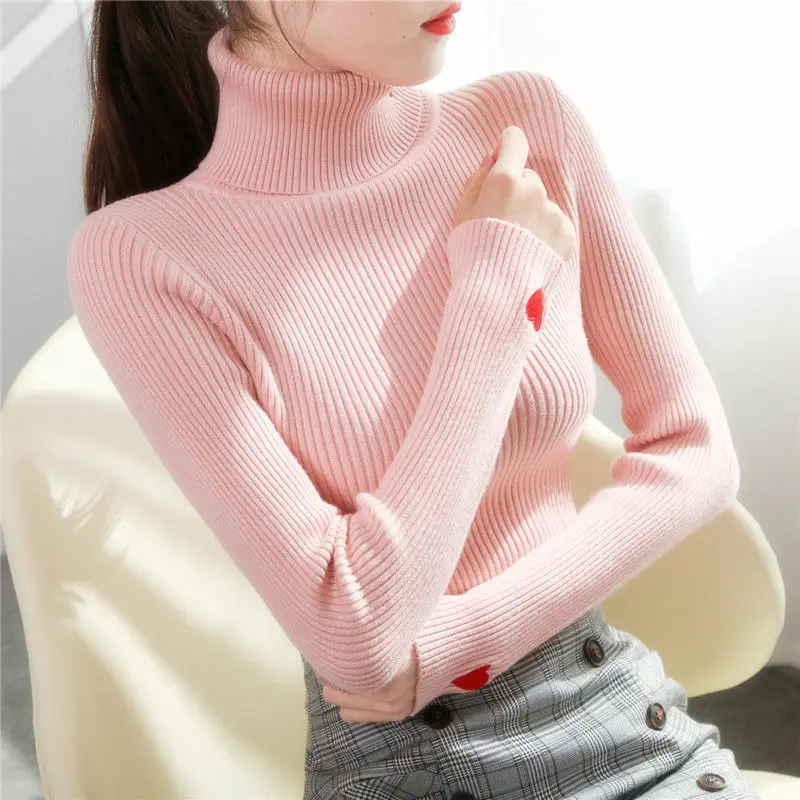 Новинка Осень-зима свитер с вышивкой Love высоким воротником однотонные