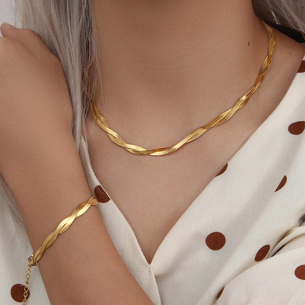 

Karopel 18K Gold Plated Waterproof Braided Herringbone Chain Necklace Bracelets Set Wholesale Stainless Steel Jewelry For Women