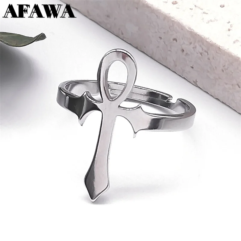 

Egyptian Ankh Cross Finger Rings Women Men Stainless Steel Silver Color Egypt Key of Anubis Life Symbol Adjustable Ring Jewelry