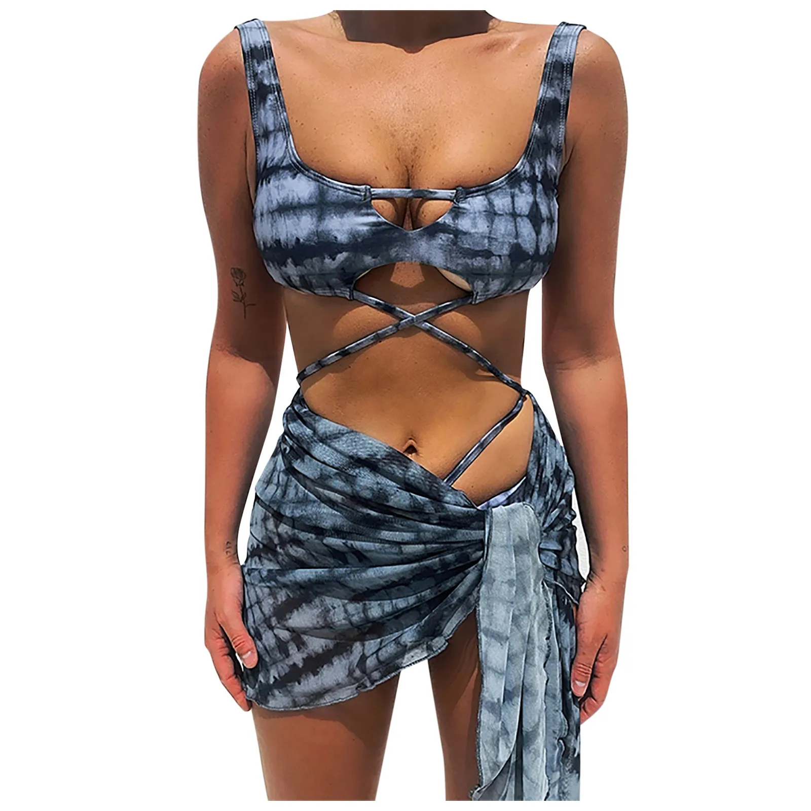 

Chiffon Tie-dye Split Swimsuit Cross-tie Bikini Three-piece Women's Sexy Printed Swimwears Tankinis Set