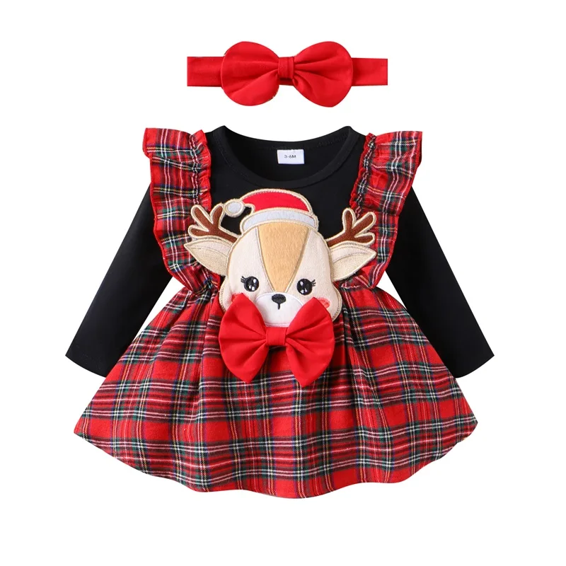 

Newborn Baby Girl Christmas Outfits Ruffle Deer Romper Xmas Red Plaid Bodysuit Suspender Skirt Fall Winter Clothes Set