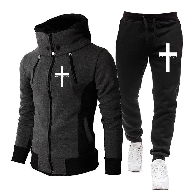 Men's Jacket Set 2022 I Believe in Christian Jesus Double Zip Sports Fitness Jogger Jacket Fashion Hooded Jacket + Sweatpants