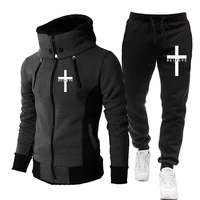 mens jacket set 2022 i believe in christian jesus double zip sports fitness jogger jacket fashion hooded jacket sweatpants