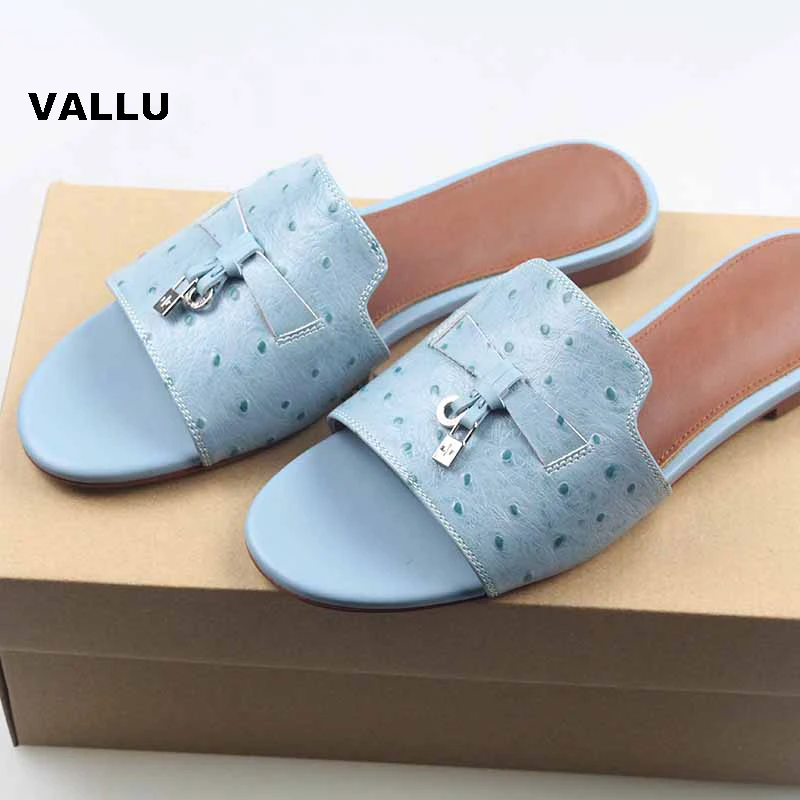 

VALLU High quality 2022 summer new products leather flat bottom ostrich pattern ladies exquisite comfortable Slippers
