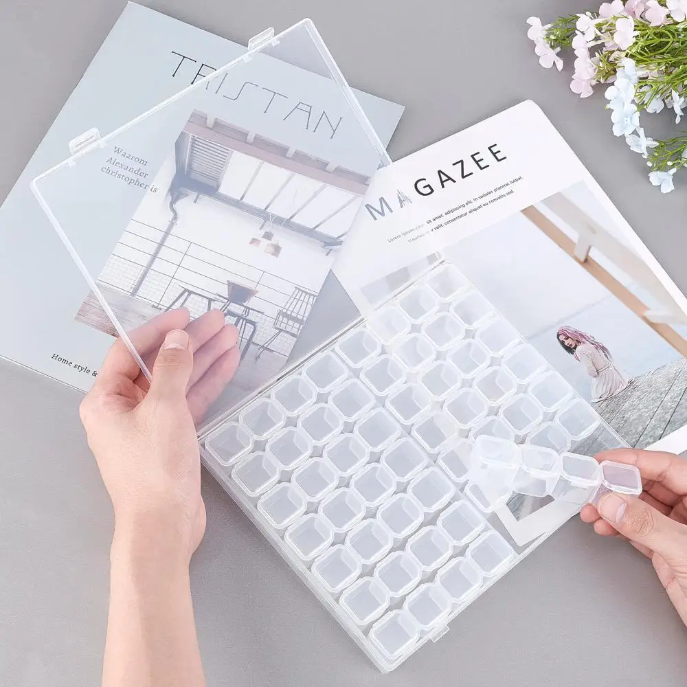 1Set Clear Rectangle Removable 56 Compartments Plastic Box  with Label Paster Jewelry Beads Crafts Supplies Storage Containers