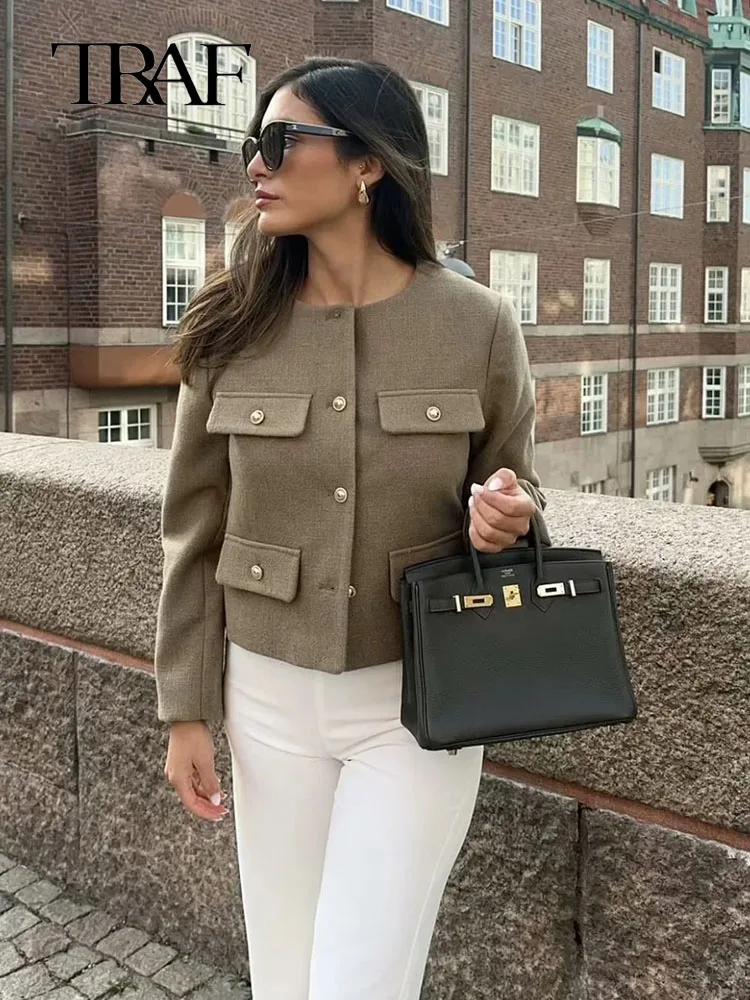 

TRAF Woman Pocket Short Jacket Coats Autumn Winter Women Causal Elegant Commute Slim Tops Female Single Breasted Coats