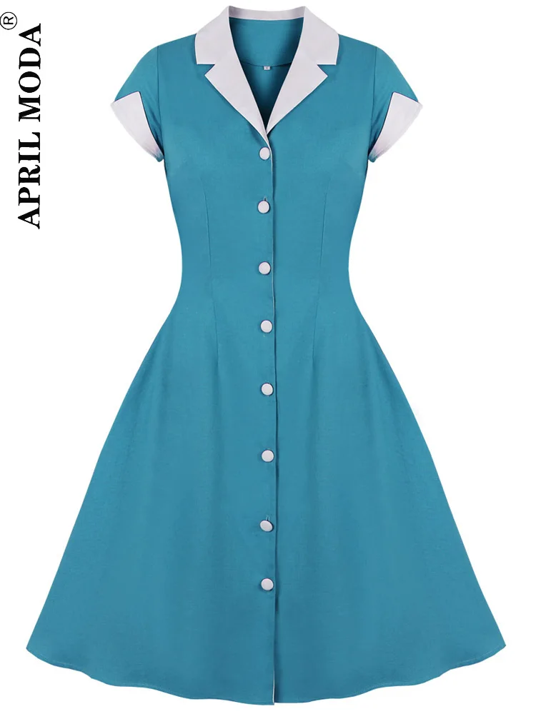 

2022 Summer Elegant Shirt Retro Vintage Summer Casual Dress Women Simple Style Female 1950s 60s Style Pinup A Line Flare Dresses