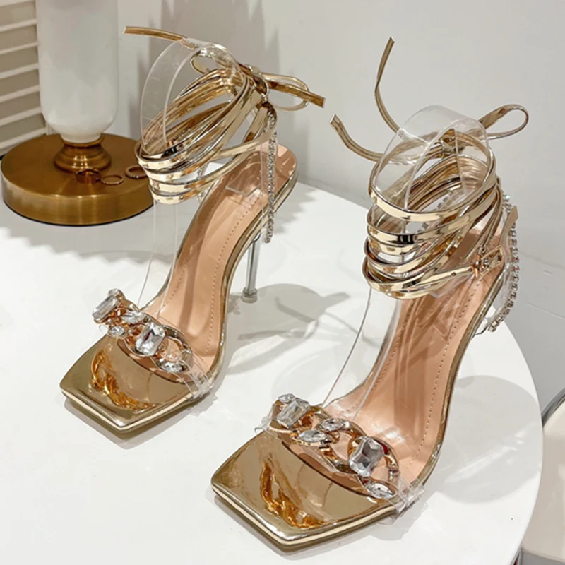 

2023 Summer Women Thin 10.8cm High Heels Silver Diamond Sandals Gold Puttee Lace up Sandals Lady Prom Nightclub Shoes Big Size
