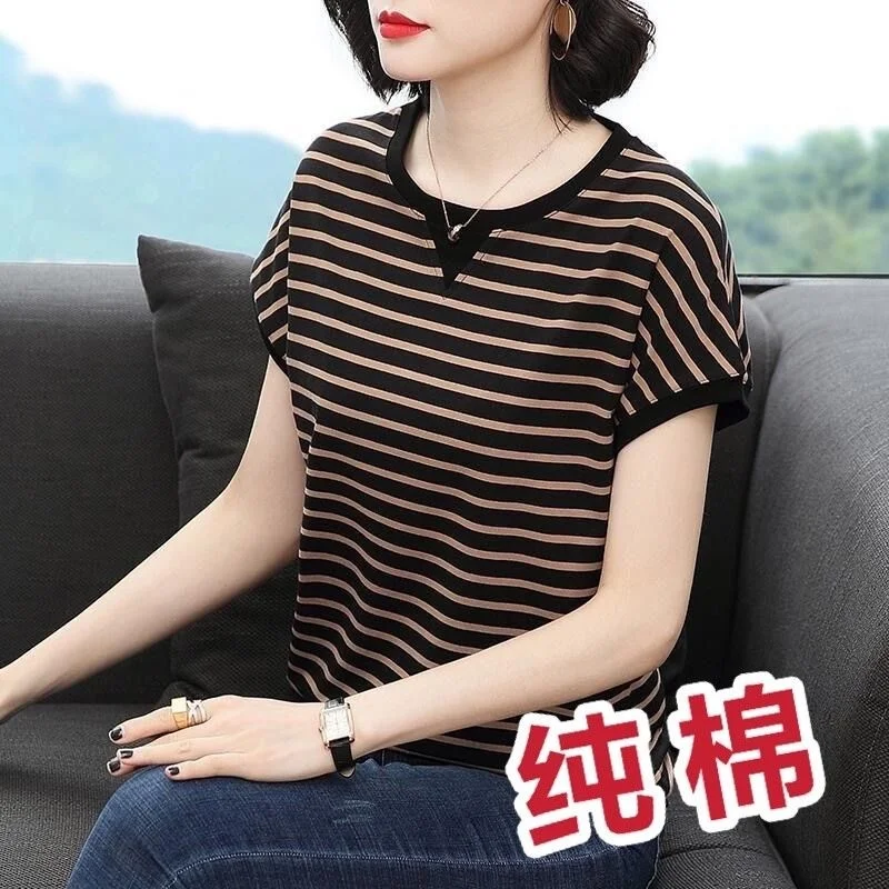 

100% Cotton Summer Short Sleeve Stripe New Loose Large Women's Camisetas Tops Women T-shirts Clothing