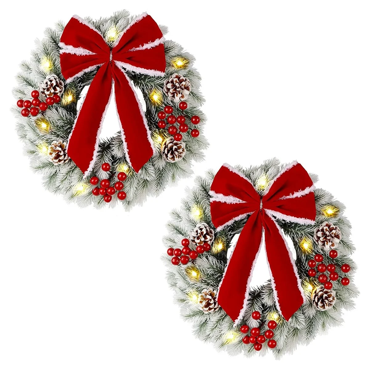

2 Pcs Lighted Christmas Wreaths, 13 Inch Pre-Lit Mini Xmas Wreath with Red Bow, Pine Needle Wreath with LED Lights