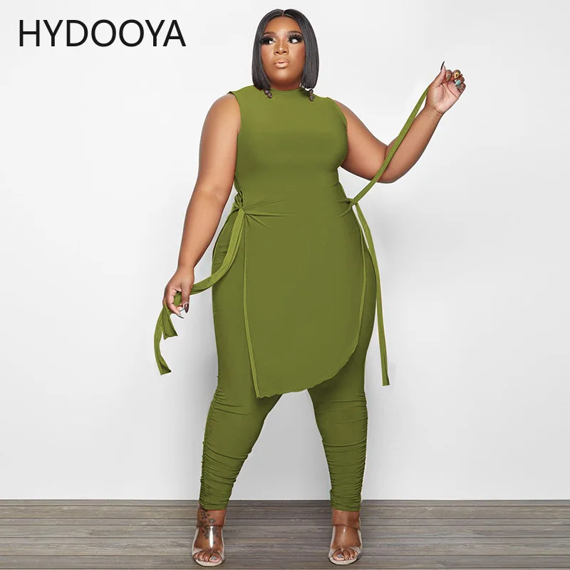 Plus Size Women Clothing Tracksuit Casual Two Piece Sets High Slit Sleeveless Top and Stacked Pencil Pant Dropshipping Wholesale
