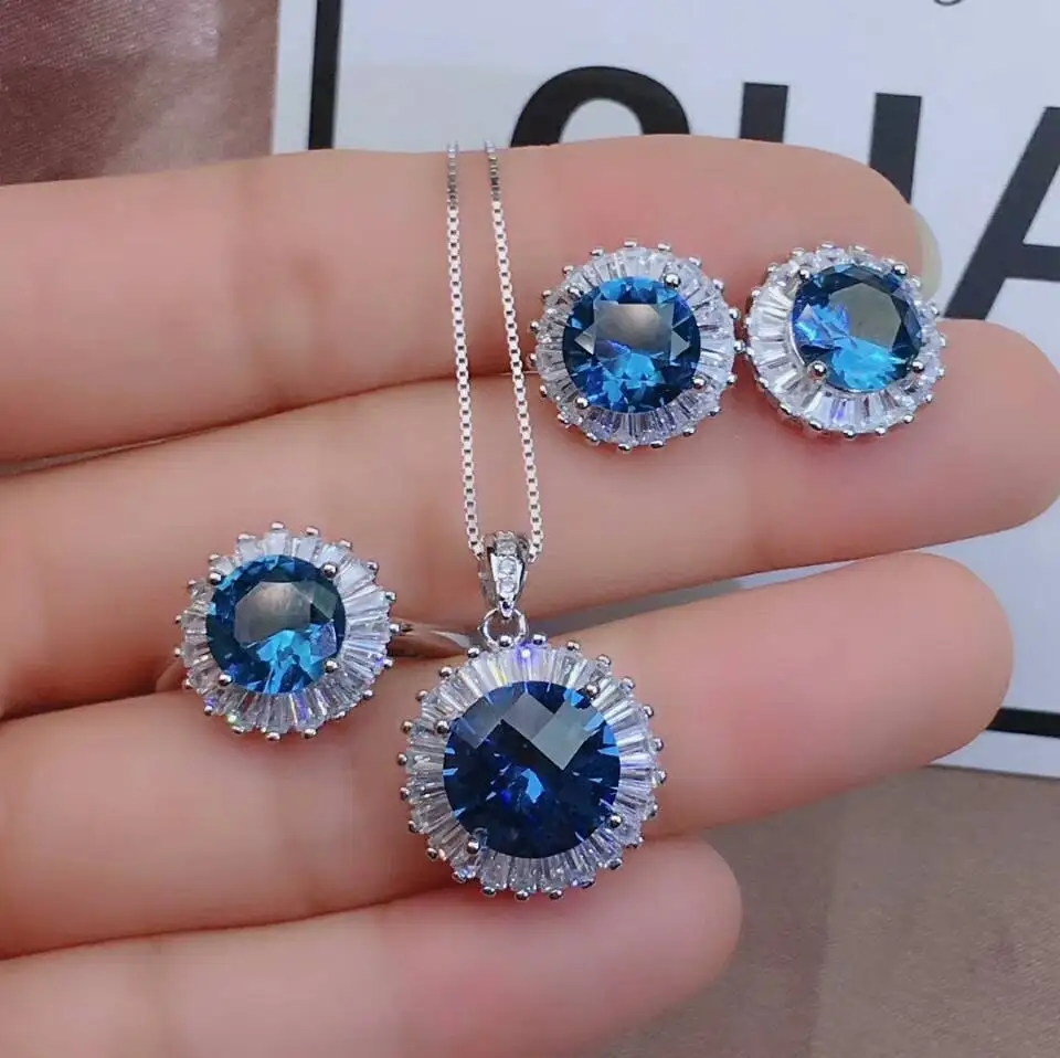 

MeiBaPJ натуральный темно-Лондонский синий топаз, драгоценный камень, цветок, набор ювелирных изделий из чистого серебра 925 пробы, комплект из 3 ...