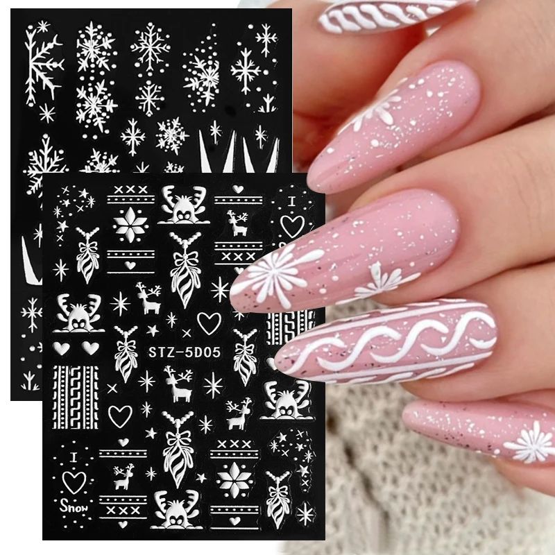 

5D Winter Embossed Nail Art Stickers Cartoon Christmas Snowflake Xmas Elk Engraved Manicure Slider Decals DIY Nail Decoration