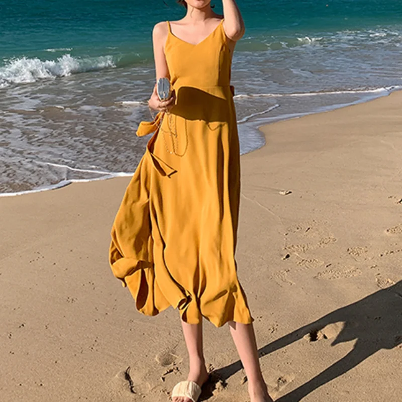 

Summer Beach Bohemian Yellow Dress for Women Casual Vacation Outfits High Waist A-line Solid Color Elegant Party Fairy Dresses