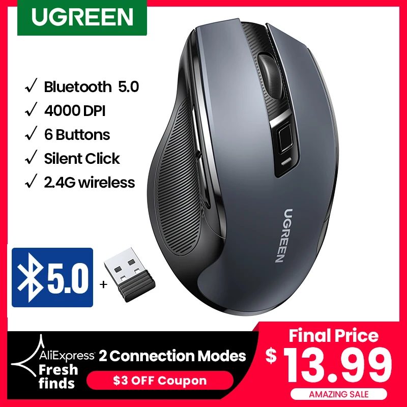 UGREEN Wireless Mouse Bluetooth 5.0 Ergonomic 4000 DPI 6 Mut