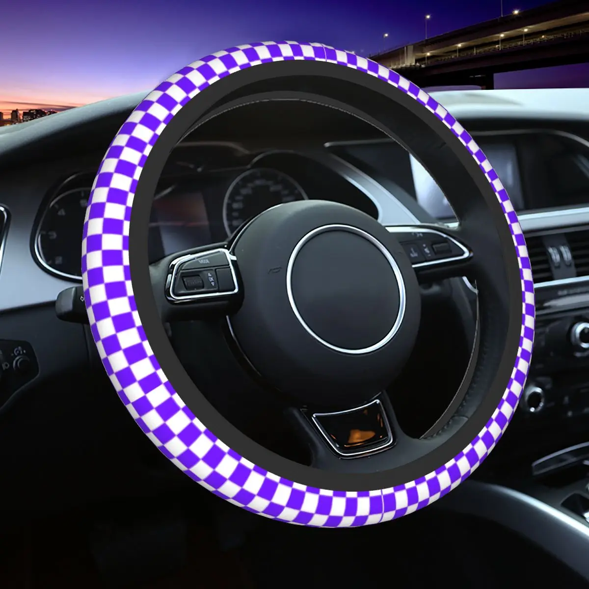 

White And Indigo Violet Checkerboard Universal Steering Wheel Cover Fit for SUV Car Steering Wheel Protector Auto Accessories