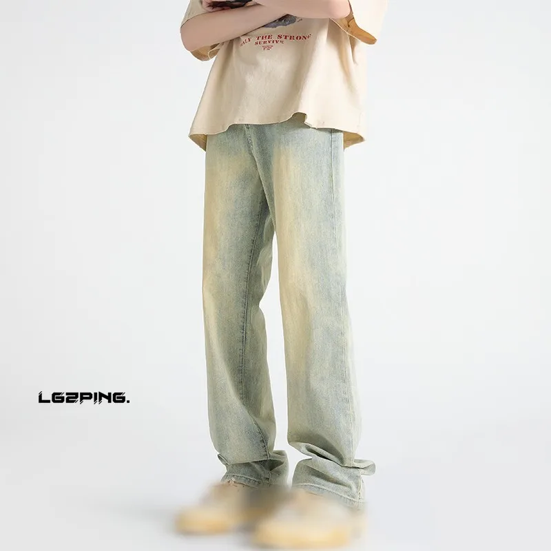 Yellow Mud Color Jeans Men's Straight Pants American High Street Washed Pant Baggy Trunks Korean Oversize Male Trouses