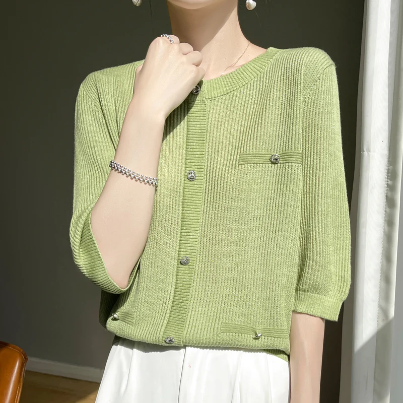 Высококачественный Женский свитер из шерсти с коротким рукавом и круглым