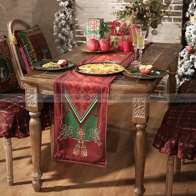 

Christmas Table Runner New Year Decorative Red Velvet Cabinet Towel