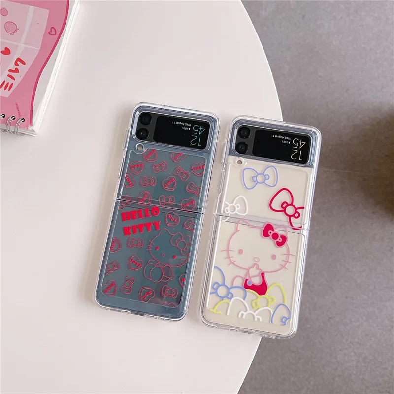 

Simple Lines Cartoon Cute KT Cat Phone Case for Samsung Galaxy Z Flip 3 5G Hard PC Back Cover for ZFlip3 Case Protective Shell