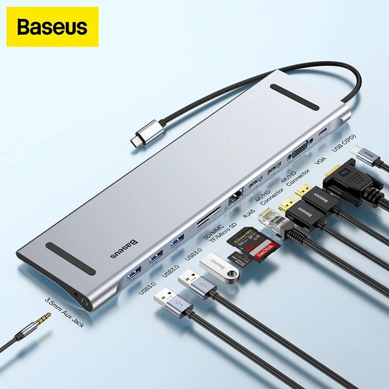 Baseus USB Type C HUB to 3.0 USB HDMI-compatible RJ45 USB HUB for MacBook Pro USB Splitter Multi 11 Ports Type C HUB USB-C HUB