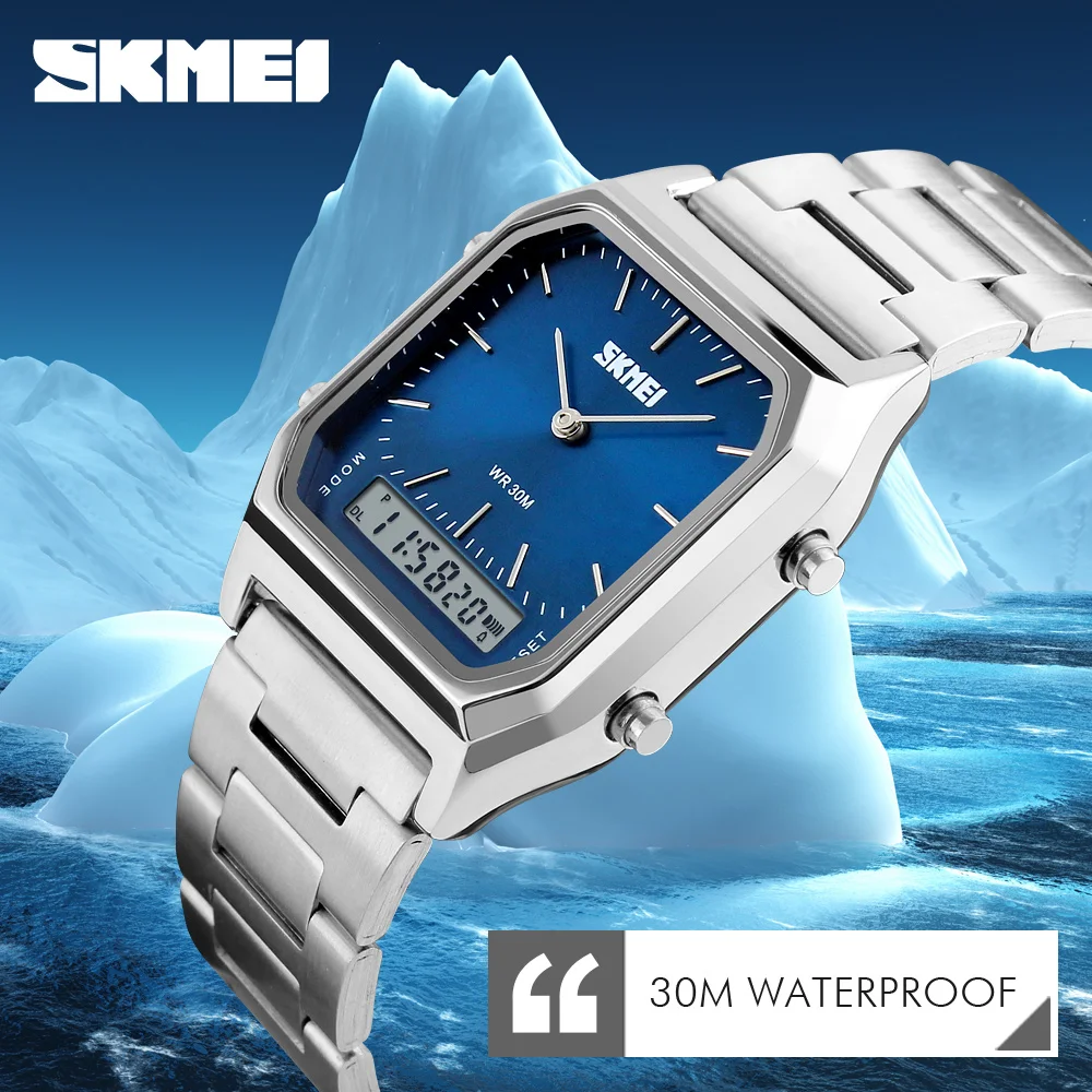 Фото SKMEI 1220 Кварцевые наручные часы relogio masculino Модные повседневные часы Мужские цифровые спортивные хронографы с двойным временем 3 бара Водонепроницаемые №2