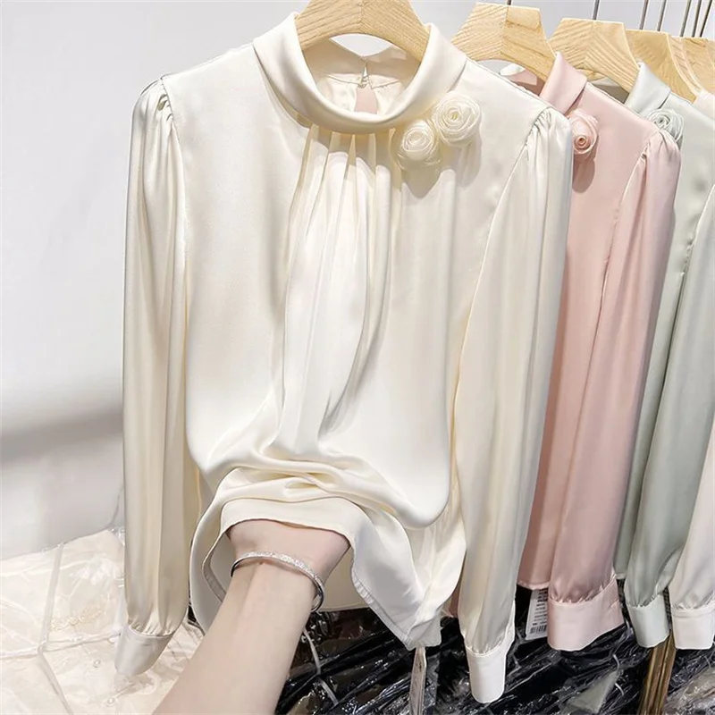 

Женская рубашка на весну, новинка 2023, однотонный пуловер с трехмерными цветами, блузка, Женская атласная рубашка с длинными рукавами, женски...