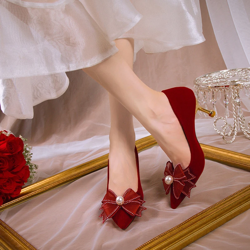 

Pumps New Women's Red Heels Ribbon Pearl Sexy Women's Shoes Heels Women Wedding Shoes Bride Luxury Shoes Zaptos Mujer Shoes High