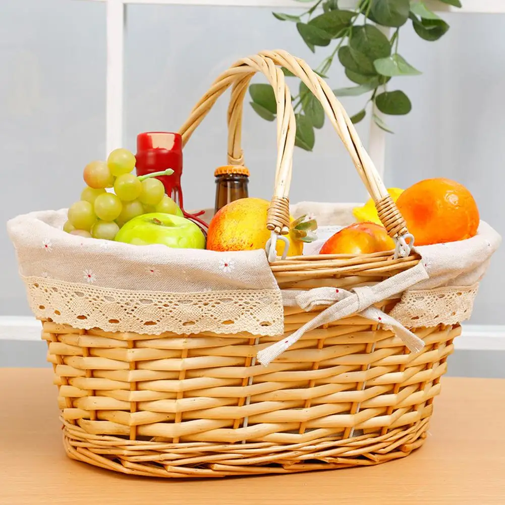 

Storage Basket Picnic Woven Flower With Handle Bread Festival Decorative Hamper Fruit Rattan Storage Willow Organizer Weddi G6P5