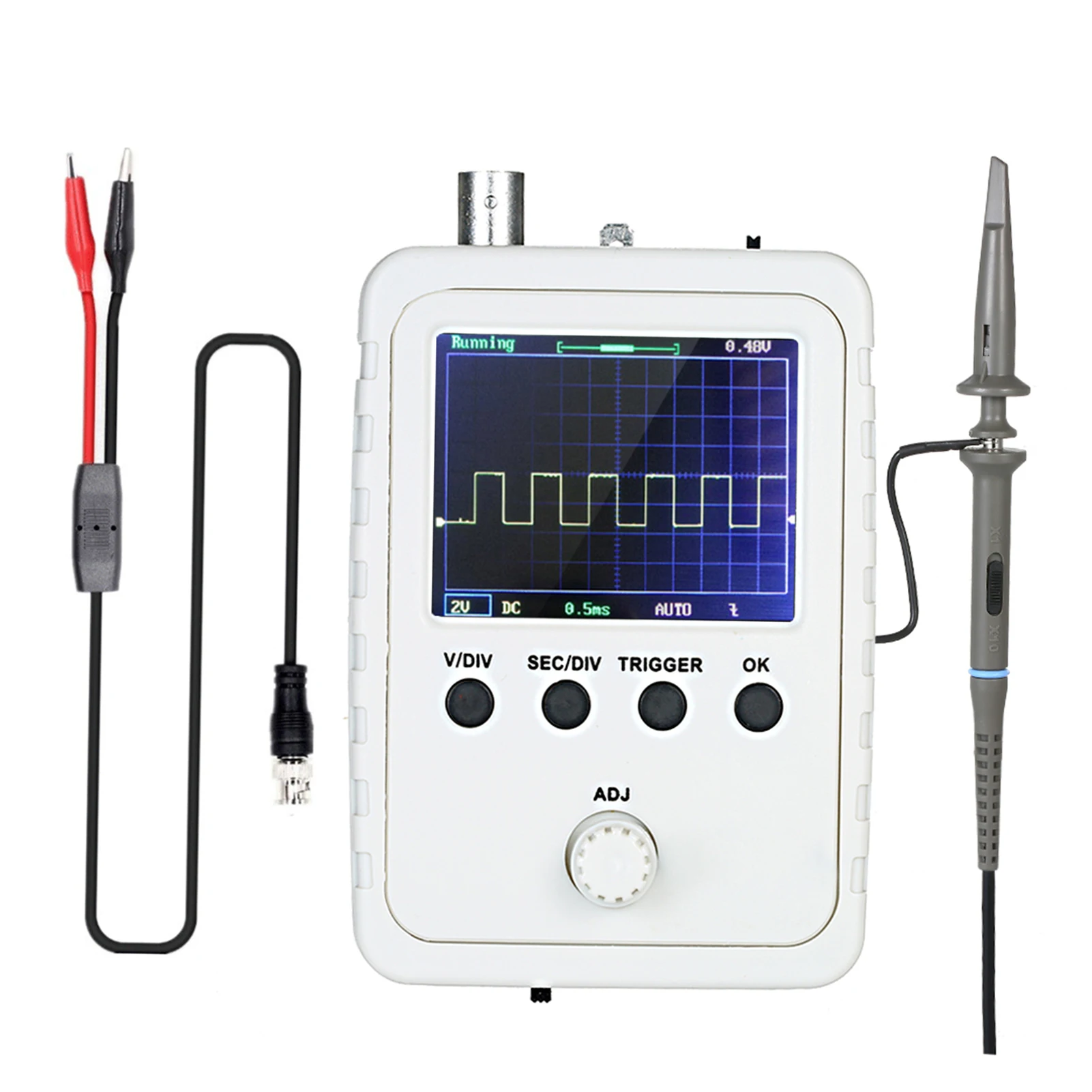 

Digital Oscilloscope 0-200KHz Bandwidth 1MSa/s Single Channel BNC-Clip Cable Probe 2.4inch TFT Screen Mini Handheld Oscilloscope