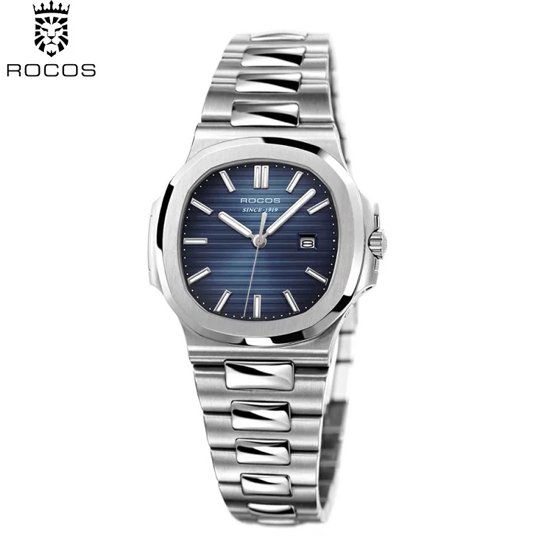 ROCOS Women's Waterproof Quartz Watch Luxury Women Bracelet Quartz Blue Dial Square Watch Stainless Steel Quartz Watch