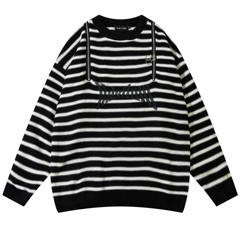 

Vintage Color Block Patchwork Knitted Sweater Zipper Hip Hip Striped Pullover Tops For Male Streetwear
