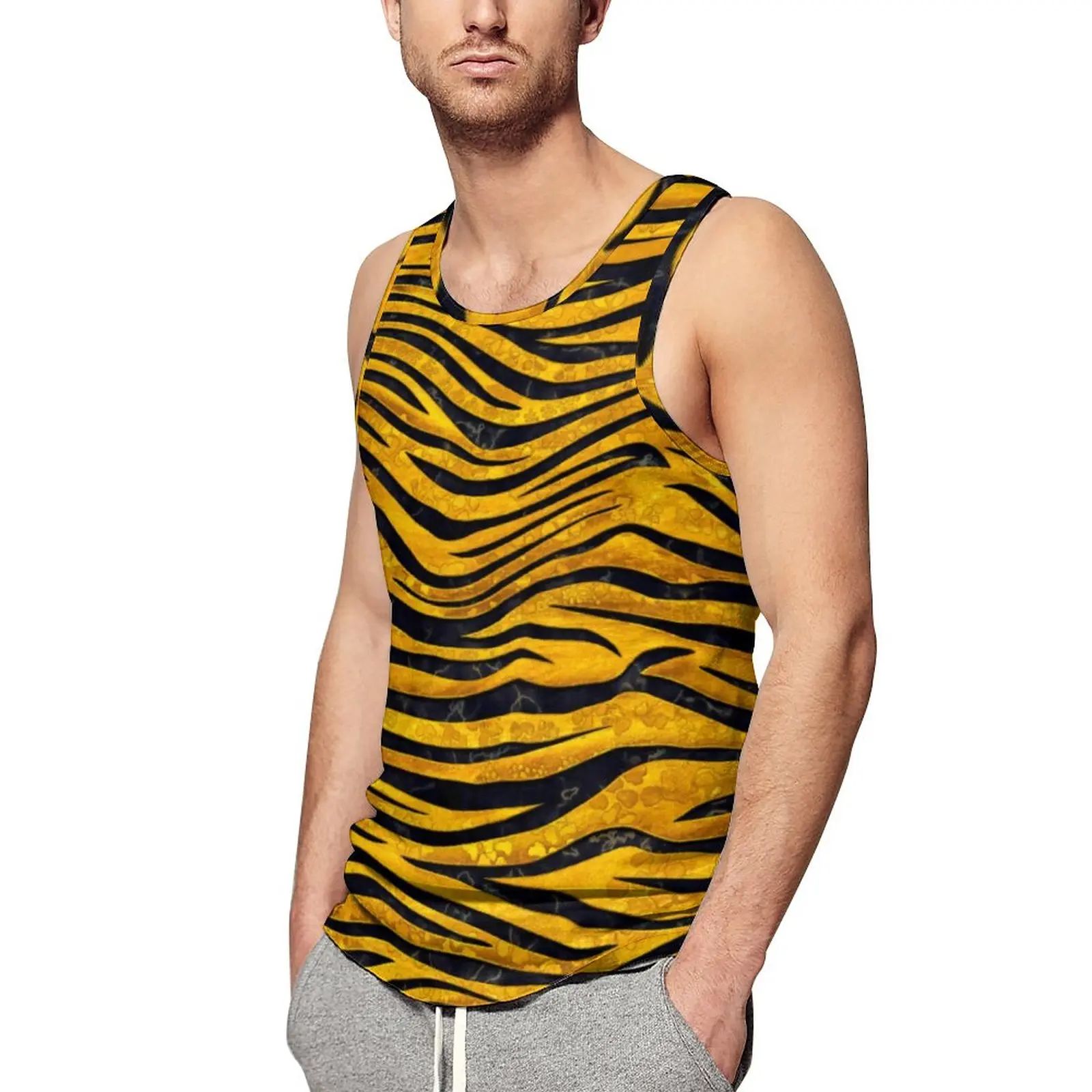 

Tiger Print Daily Tank Top Gold Animal Stripes Bodybuilding Tops Male Printed Sportswear Sleeveless Shirts Big Size 4XL 5XL