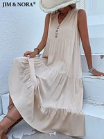 jim nora casual summer midi dress women sleeveless tank v neck buttons ruffle loose dresses beach soild sundress fashion