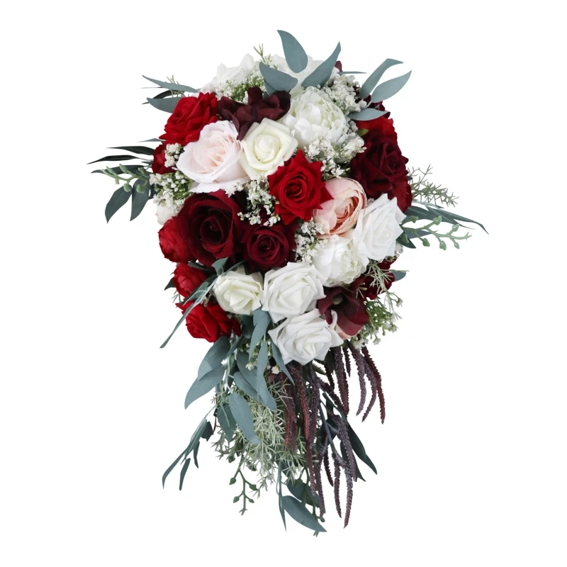 

Y5LE Wedding Bridal Bouquet Waterfall Shape Cascading Artificial White Wine Red Rose Rustic Vintage Bridesmaid Holding Flower