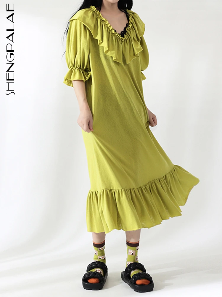SHENGPALAE Ruffles Dress For Women V-neck Short Sleeve Patchwork Solid Color Loose Waist Pullover Vestido Summer 2023 New 5R4444