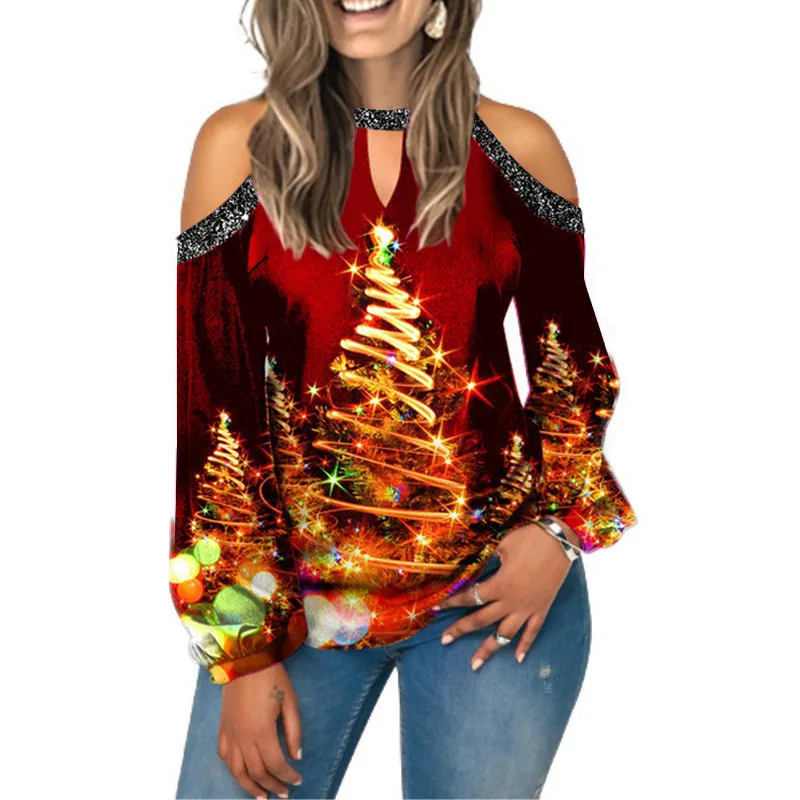 2022 New Christmas Elk Print Sexy Off-the-Shoulder Top Long Sleeve T-Shirt Lantern Sleeve Women's Clothing