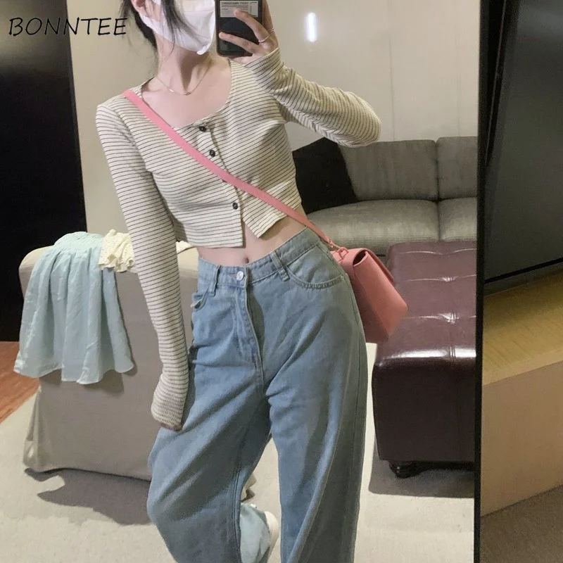 

Long Sleeve T-shirts Women Tender Striped New Arrival Spring Ins Popular Stretchy Crops All-match Femme Casual Vintage Student