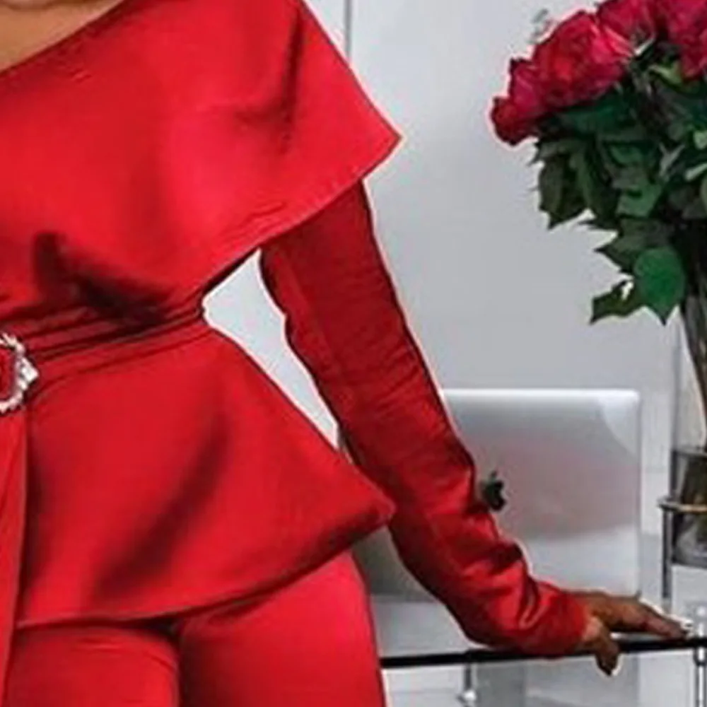 Jumpsuits Solid Color Sexy One Shoulder Short Sleeve Ruffle High Waist Slim Party Trousers Women's Jumpsuit Spring Summer