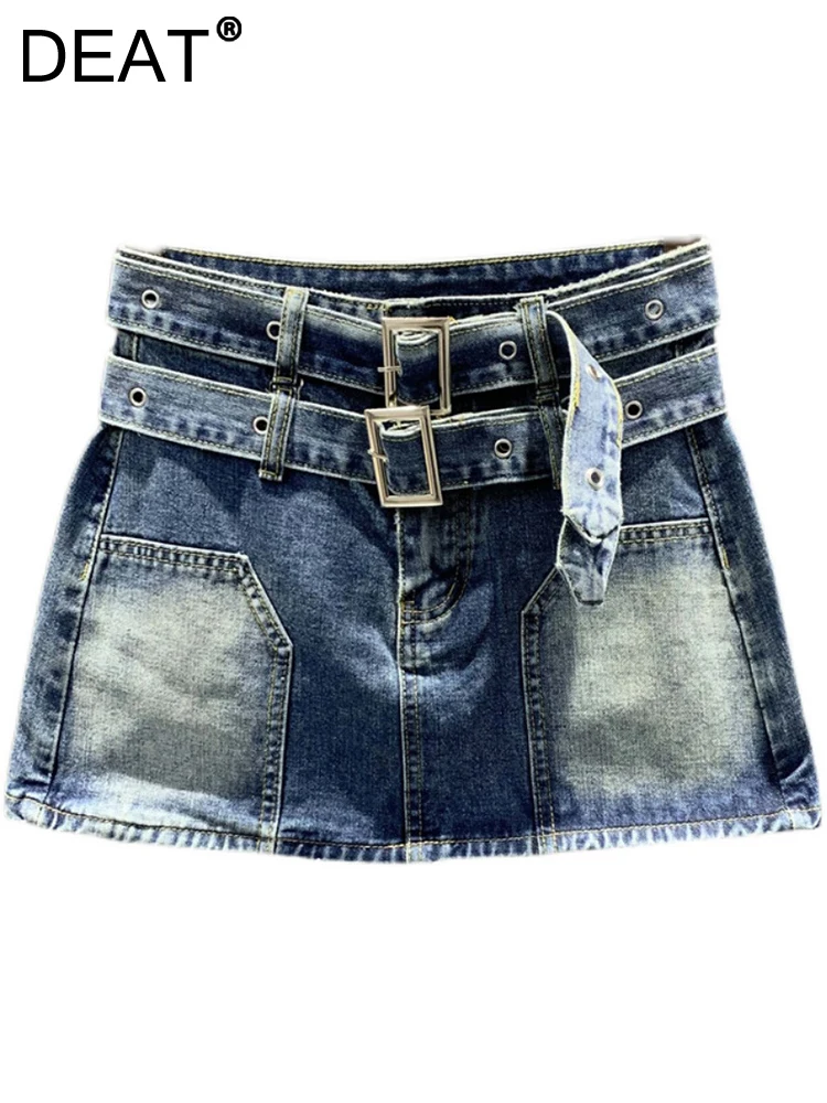 

DEAT Fashion Women's Denim Skirt Metal Buckle Double Belt High Waist Patchwork Solid Color Mini Skirts Summer 2023 New 17A8522