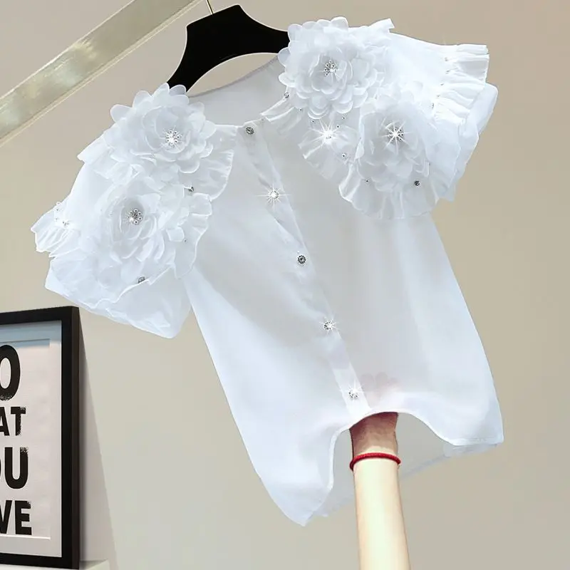 Neploe Элегантный топ с цветочными заклепками 2024 Y2K Summer Femme Винтажные футболки